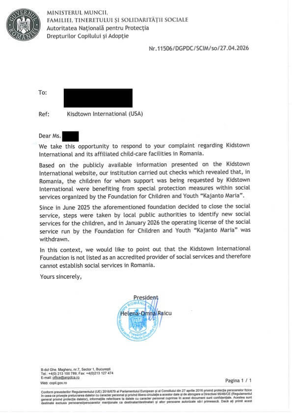 Email from President of ANPDCA in Romania about Kidstown International