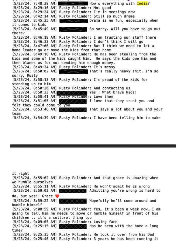 Texts from Rusty Polinder of Kidstown Internationalabout India theft
